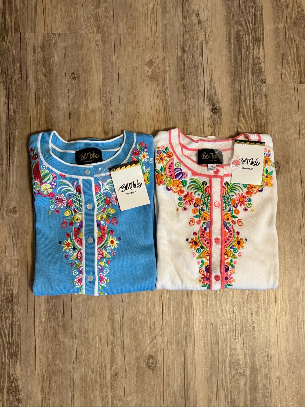 Bob Mackie Wearable Art Embroidered 2 Cardigans in Blue and White New with Tags